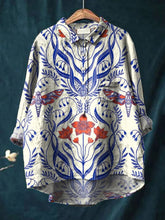 Women's Blue Floral Pattern and Red Flower Print Casual Cotton And Linen Shirt